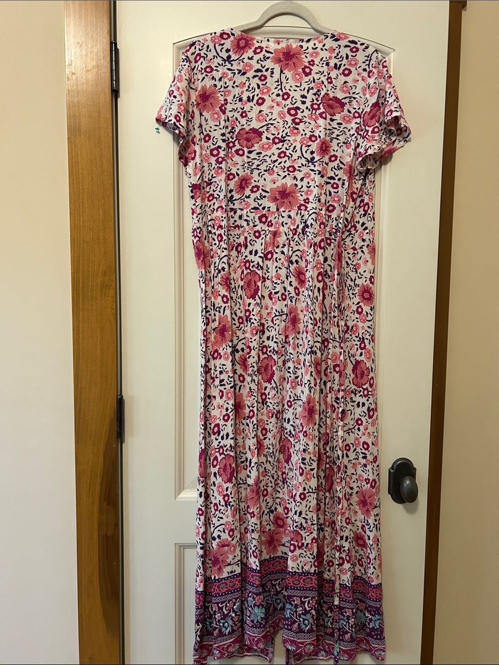 Floral V-Neck Maxi Wrap Dress in Pink with Complimentary Border. Summer Weight - Picture 7 of 8